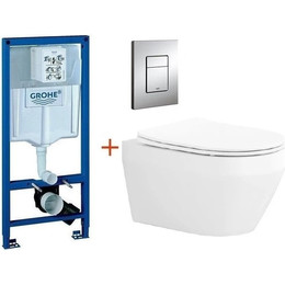 Инсталляция с подвесным унитазом комплект: Grohe Rapid SL 38772001 с подвесным безободковым унитазом Aquatek Лея AQ1199-00 сиденье микролифт, крепление, кнопка смыва хром фото 