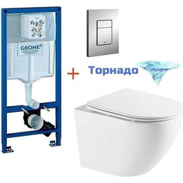 Инсталляция с подвесным унитазом комплект: Grohe Rapid SL 38772001 с подвесным безободковым унитазом Azario Grado AZ-0046-UQ1 сиденье микролифт, крепление, кнопка смыва хром (Система смыва торнадо), Цвет производителя: белый фото 