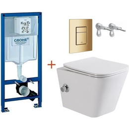 Инсталляция с подвесным унитазом комплект:  Grohe Rapid SL с подвесным безободковым унитазом-биде BelBagno Due BB3103CHR-BS/SC сиденье микролифт, крепление, кнопка смыва золото глянцевое, Цвет производителя: золото глянцевое фото 