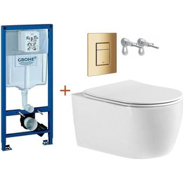 Инсталляция с подвесным унитазом комплект:  Grohe Rapid SL с подвесным безободковым унитазом Aquatek Европа AQ1106-00 сиденье микролифт, крепление, кнопка смыва золото глянцевое, Цвет производителя: золото глянцевое фото 