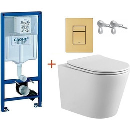 Инсталляция с подвесным унитазом комплект:  Grohe Rapid SL с подвесным безободковым унитазом Aquatek Вега AQ1904-00 сиденье микролифт, крепление, кнопка смыва золото матовое, Цвет производителя: золото матовое фото 