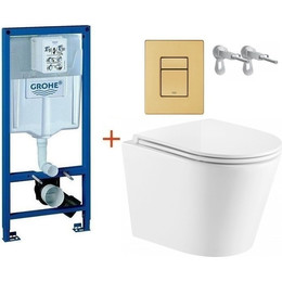 Инсталляция с подвесным унитазом комплект:  Grohe Rapid SL с подвесным безободковым унитазом Azario Fonti AZ-402W сиденье микролифт, крепление, кнопка смыва золото матовое, Цвет производителя: золото матовое фото 