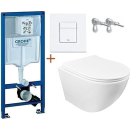Инсталляция с подвесным унитазом комплект: Grohe Rapid SL с подвесным безободковым унитазом Azario Grado AZ-0046 SP сиденье микролифт, крепление, кнопка смыва белый матовый, Цвет производителя: белый матовый фото 