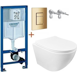 Инсталляция с подвесным унитазом комплект: Grohe Rapid SL с подвесным безободковым унитазом Azario Grado AZ-0046 SP сиденье микролифт, крепление, кнопка смыва золото глянцевое, Цвет производителя: золото глянцевое фото 