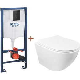 Инсталляция с подвесным унитазом комплект: Grohe Solido 38811KF0 с подвесным безободковым унитазом Azario Grado AZ-0046 SP сиденье микролифт, крепление, кнопка смыва чёрная матовая, Цвет производителя: чёрный матовый фото 