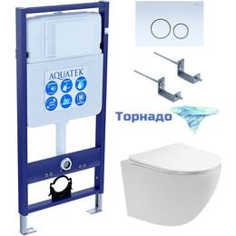 Инсталляция с подвесным унитазом комплект: Aquatek Set INS-0000012 с подвесным безободковым унитазом Европа AQ1900T-00 сиденье микролифт, крепление, кнопка смыва белая (система смыва торнадо) фото 