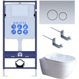 Инсталляция с подвесным унитазом комплект: Aquatek Standard INS-0000012 с подвесным безободковым унитазом Поларис AQ0700-01 сиденье микролифт, крепление, кнопка смыва хром матовая KDI-0000019 фото 
