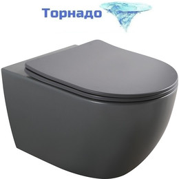 Унитаз подвесной безободковый Veconi Ento VEN-52TGR (Система смыва торнадо) с тонкой крышкой микролифт, серый матовый фото 