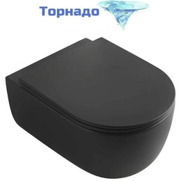 Унитаз подвесной безободковый Veconi Rino VRI-49TB (Система смыва торнадо) с тонкой крышкой микролифт, чёрный матовый фото 