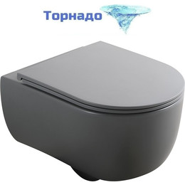 Унитаз подвесной безободковый Veconi Rino VRI-49TGR (Система смыва торнадо) с тонкой крышкой микролифт, серый матовый фото 