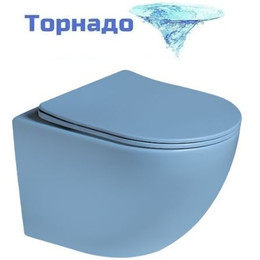 Унитаз подвесной безободковый SantiLine SL-5005T-BL с тонкой крышкой микролифт (система смыва Торнадо) голубой матовый фото 