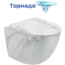 Унитаз подвесной безободковый SantiLine SL-5005T-MRB с тонкой крышкой микролифт (система смыва Торнадо) под мрамор фото 