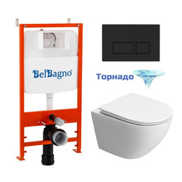 Инсталляция с подвесным унитазом комплект: BelBagno Uno BB5177CH-TOR/SC/BB026/BB044NERO с подвесным безободковым унитазом, сиденье микролифт, крепление, кнопка смыва чёрный (система смыва торнадо) фото 