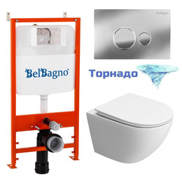 Инсталляция с подвесным унитазом комплект: BelBagno Uno BB5177CH-TOR/SC/BB026/BB081CR с подвесным безободковым унитазом, сиденье микролифт, крепление, кнопка смыва хром (система смыва торнадо) фото 