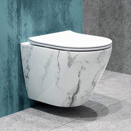 Унитаз подвесной безободковый EvaGold EG070017 с тонкой крышкой микролифт, белый мрамор фото 