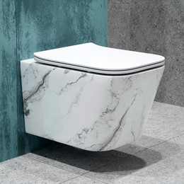 Унитаз подвесной безободковый EvaGold EG070018 с тонкой крышкой микролифт, белый мрамор фото 