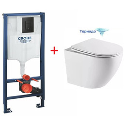 Инсталляция с подвесным унитазом комплект: Grohe Solido 38811KF0 с подвесным безободковым унитазом Azario Grado AZ-0046-UQ3 сиденье микролифт, крепление, кнопка смыва чёрная матовая (Система смыва Торнадо) фото 