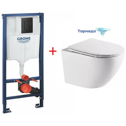 Инсталляция с подвесным унитазом комплект: Grohe Solido 38811KF0 с подвесным безободковым унитазом Azario Grado AZ-0046-UQ1 сиденье микролифт, крепление, кнопка смыва чёрная матовая (Система смыва Торнадо) фото 