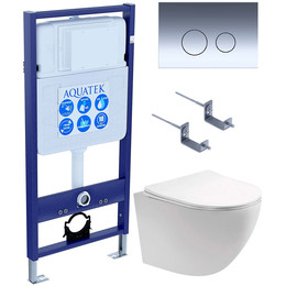 Инсталляция с подвесным унитазом комплект: Aquatek Set INS-0000012 с подвесным безободковым унитазом Европа AQ1901-00 сиденье микролифт, крепление, кнопка смыва хром глянцевый фото 