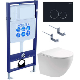 Инсталляция с подвесным унитазом комплект: Aquatek Set INS-0000012 с подвесным безободковым унитазом Европа AQ1901-00 сиденье микролифт, крепление, кнопка смыва чёрный матовый фото 