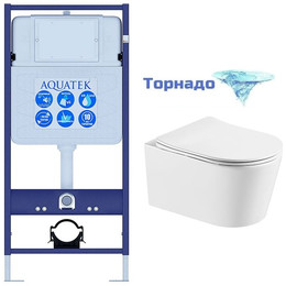 Инсталляция с подвесным унитазом комплект: Aquatek INS-0000012 с подвесным безободковым унитазом Оберон AQ1363WT-00 сиденье микролифт (Система смыва торнадо) фото 
