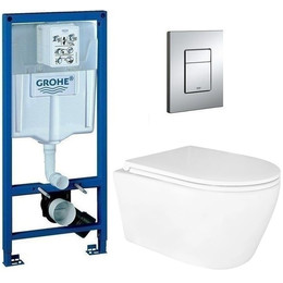 Инсталляция с подвесным унитазом комплект: Grohe Rapid SL 38772001 с подвесным безободковым унитазом Azario Uno AZ-2380 сиденье микролифт, крепление, кнопка смыва хром фото 