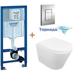 Инсталляция с подвесным унитазом комплект: Grohe Rapid SL 38772001 с подвесным безободковым унитазом Azario Teramo AZ-0053-UQ3 сиденье микролифт, крепление, кнопка смыва хром фото 