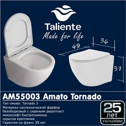 Унитаз подвесной безободковый Taliente Amato Tornado 3 AM55003 с крышкой микролифт (система смыва Торнадо) фото 