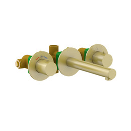 Смеситель для раковины настенный с термостатом Timo Saona 2382/17SM (со скрытой частью) золото матовое фото 