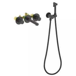 Смеситель для раковины настенный с термостатом и с гигиеническим душем Timo Saona 2383/03SM (со скрытой частью) чёрный матовый фото 