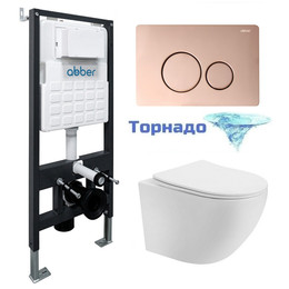 Инсталляция с подвесным унитазом комплект: Abber AC0105 с подвесным унитазом Bequem AC1100T с крышкой микролифт, кнопка смыва AC0121RG золото розовое (система смыва Торнадо) фото 