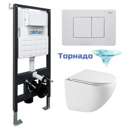 Инсталляция с подвесным унитазом комплект: Abber AC0105 с подвесным унитазом Bequem AC1131TC с крышкой микролифт, кнопка смыва AC0120MW белая матовая (система смыва Торнадо) фото 