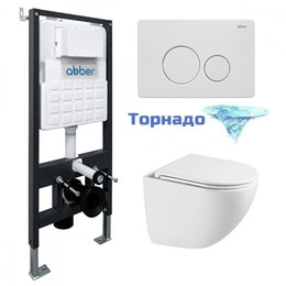 Инсталляция с подвесным унитазом комплект: Abber AC0105 с подвесным унитазом Bequem AC1131TC с крышкой микролифт, кнопка смыва AC0121MW белая матовая (система смыва Торнадо) фото 