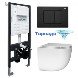 Инсталляция с подвесным унитазом комплект: Abber AC0105 с подвесным унитазом Bequem AC1132TC с крышкой микролифт, кнопка смыва AC0120MB чёрный матовый (система смыва Торнадо) фото 