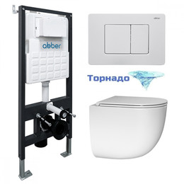 Инсталляция с подвесным унитазом комплект: Abber AC0105 с подвесным унитазом Bequem AC1132TC с крышкой микролифт, кнопка смыва AC0120MW белая матовая (система смыва Торнадо) фото 
