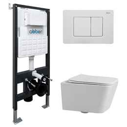 Инсталляция с подвесным унитазом комплект: Abber AC0105 с подвесным унитазом Rechteck AC1201 с крышкой микролифт, кнопка смыва AC0120MW белая матовая фото 