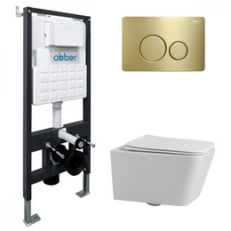 Инсталляция с подвесным унитазом комплект: Abber AC0105 с подвесным унитазом Rechteck AC1201 с крышкой микролифт, кнопка смыва AC0121MMG золото матовое фото 