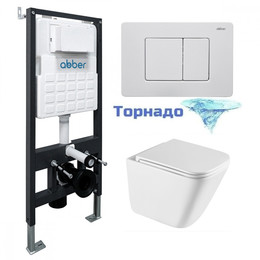 Инсталляция с подвесным унитазом комплект: Abber AC0105 с подвесным унитазом Rechteck AC1219TC с крышкой микролифт, кнопка смыва AC0120MW белая матовая (система смыва Торнадо) фото 