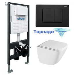 Инсталляция с подвесным унитазом комплект: Abber AC0105 с подвесным унитазом Rechteck AC1220TC с крышкой микролифт, кнопка смыва AC0120MB чёрный матовый (система смыва Торнадо) фото 
