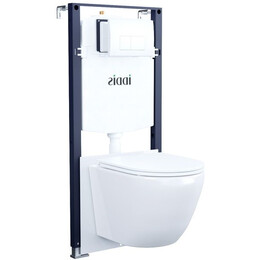 Инсталляция с подвесным безободковым унитазом комплект: Iddis Basic BASB030i73 сиденье микролифт, крепление, кнопка смыва белая фото 