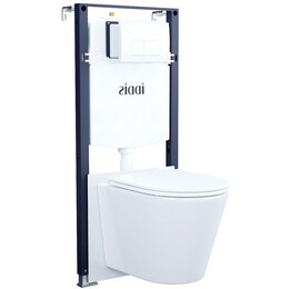 Инсталляция с подвесным безободковым унитазом комплект: Iddis Basic BASC030i73 сиденье микролифт, крепление, кнопка смыва белая фото 