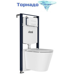 Инсталляция с подвесным безободковым унитазом комплект: Iddis Calipso CAQPO1GWi73 сиденье микролифт, крепление, кнопка смыва белая (система смыва Торнадо) фото 