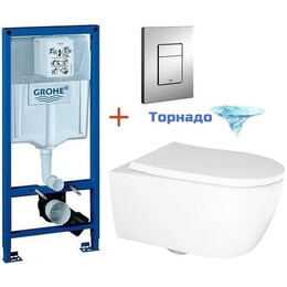 Инсталляция с подвесным унитазом комплект: Grohe Rapid SL 38772001 с подвесным унитазом Azario Nemi AZ-1293WH сиденье микролифт, крепление, кнопка смыва хром (система смыва Торнадо) фото 