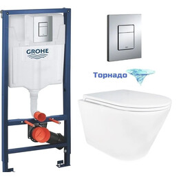 Инсталляция с подвесным унитазом комплект: Grohe Rapid SL 38772001 с подвесным безободковым унитазом Azario Songo AZ-5180T-WHT сиденье микролифт, крепление, с кнопкой смыва хром (Система смыва торнадо) фото 