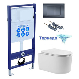 Инсталляция с подвесным унитазом комплект: SET AQUATEK МИЯ Т-033 4в1 (рама AQUATEK Standard INS-0000012 + крепёж KKI-0000016 + кнопка KDI-0000033 + унитаз МИЯ AQ2004T-00 с тонким сиденьем soft-close, система смыва Торнадо) фото 