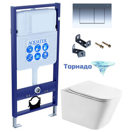 Инсталляция с подвесным унитазом комплект: SET ЛИБРА T-010/KKI33 (рама AQUATEK Standard INS-0000012 + крепеж KKI-0000033 + KDI-0000010 + унитаз ЛИБРА AQ1505T-00 с тонким сиденьем soft-close, система смыва Торнадо) фото 