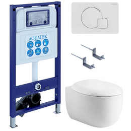 Инсталляция с подвесным унитазом комплект SET AQUATEK АЛЬТАИР cm-066 4в1 (рама AQUATEK INS-0000025 + крепление KKI-0000002 + кнопка KDI-0000066 + унитаз AQ1980-00 + тонкое сиденье soft-close) фото 