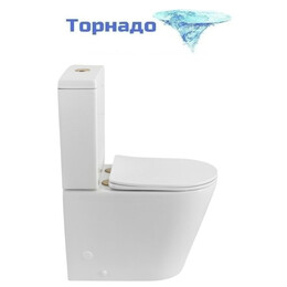 Унитаз-компакт безободковый Cezares Liner-Tor CZR-6726-CP-TOR/SC с тонкой крышкой микролифт, кнопка брашированное золото (система смыва Торнадо) фото 