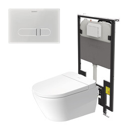 Инсталляция с подвесным безободковым унитазом Duravit D-Neo с сиденьем Sensowash и клавишей смыва белое стекло (покрытие Hygieneglaze) фото 