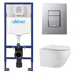 Инсталляция с подвесным унитазом комплект: Abber AC0108 с подвесным унитазом Bequem AC1100 с крышкой микролифт, кнопка смыва AC0123 хром глянцевый фото 
